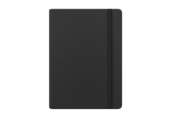 Black notebook with elastic band on transparent background