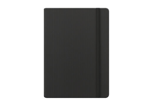 Black notebook with elastic band on transparent background