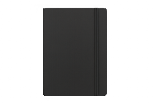 Black notebook with elastic band on transparent background