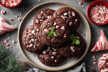 Plate of Chocolate Peppermint Cookies surrounded by red bowls of crushed candy canes and greenery. Concept of cozy atmosphere, rich chocolate cookies embedded with peppermint bits.