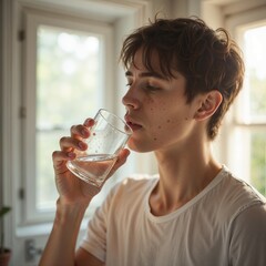 Young person refreshed drinking water against a softly lit home window backdrop