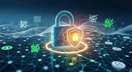 Digital Fortress: An artistic depiction of a digital lock and shield, symbolizes cybersecurity, data protection, and online safety. Enveloping it is an interconnected network of lines and symbols.