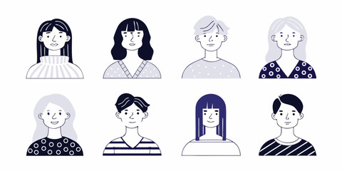Collection of diverse hand drawn cartoon portraits of people with different hairstyles and clothing
