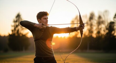 Young archer aiming with a recurve bow during a beautiful sunset. Man practicing archery in a field with golden hour light. Concept of focus, skill, precision, and goals.