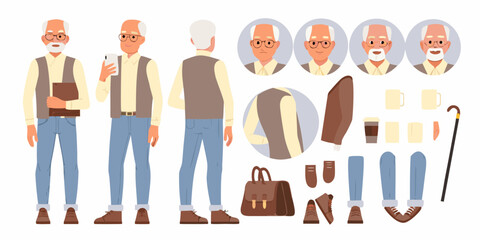 Character design kit for an elderly man with various poses accessories and facial expressions