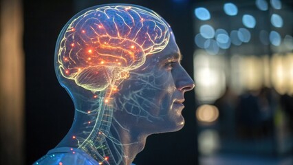 A profile of a man with a glowing brain illustration, showcasing neural connections and activity in a futuristic setting.
