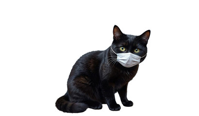 Obraz premium a black cat with striking yellow eyes sits attentively while wearing a disposable surgical mask.