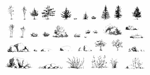 Collection of hand drawn black and white illustrations of various trees bushes rocks and grass elements