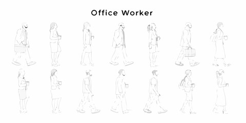 Collection of diverse office workers in minimalist line art style walking and holding coffee cups