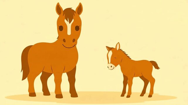 Cute Cartoon Horse and Foal Standing Together on a Yellow Background.