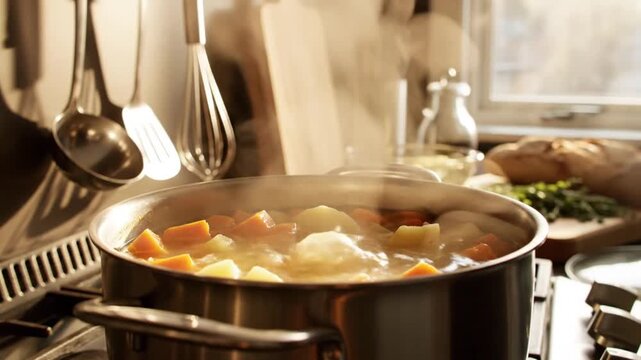 A steaming pot of vegetable soup simmering on a stove with fresh ingredients in a cozy kitchen