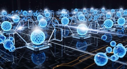 Interconnected Sphere of Information: A network of glowing, interconnected spheres symbolizes the intricate connections and vast data within the digital world, representing technology and innovation.