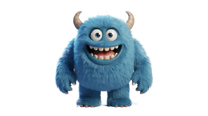 Joyful fuzzy blue monster with big eyes and horns smiles widely, perfect for kids' entertainment and whimsical concepts