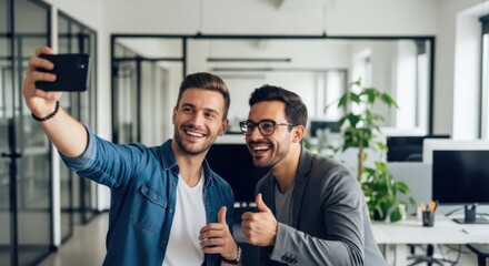 Two happy young businessmen taking a selfie in a modern office. Colleagues celebrating success with thumbs up. Teamwork, collaboration, and partnership concept for a startup.