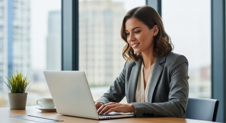 Obraz na płótnie Canvas Successful smiling businesswoman working on a laptop in a modern office. Confident female professional or entrepreneur typing on a computer at her desk with a city view background.