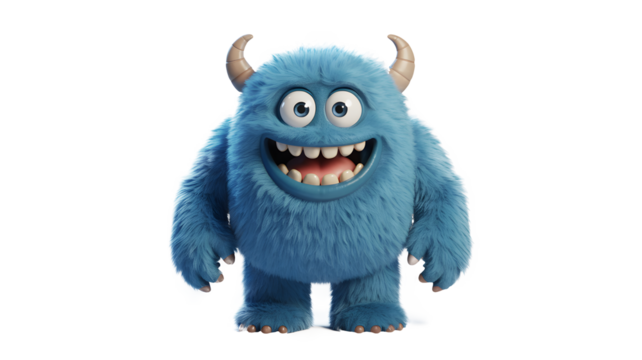 Joyful fuzzy blue monster with big eyes and horns smiles widely, perfect for kids' entertainment and whimsical concepts