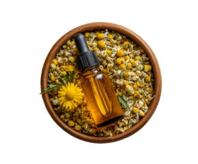 Chamomile essential oil in a wooden bowl with dried chamomile flowers and fresh flower on transparent background