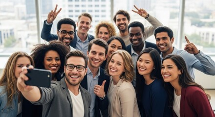 Group of happy multi-ethnic business people taking a selfie in a modern office. Cheerful diverse colleagues celebrating success, concept of teamwork, collaboration and fun.