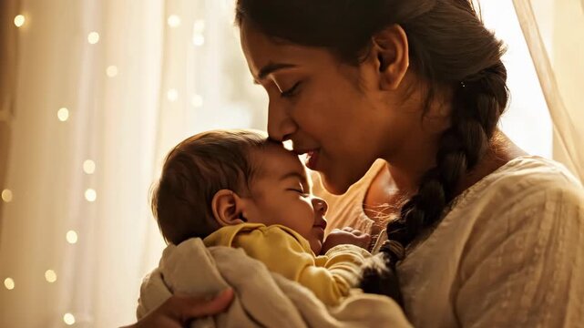 A young Indian mother smiling and kissing her sleeping newborn baby. A tender portrait of maternal love and care. The bond between a parent and child