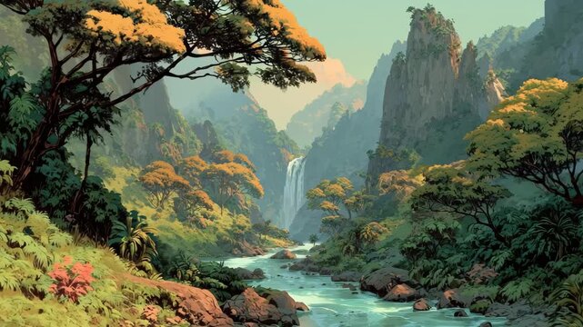 Stylized fantasy art background of a beautiful jungle landscape with a river and waterfall.