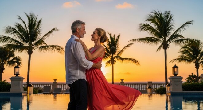 Romantic senior couple dancing by a pool at a luxury tropical resort during a golden sunset. Concept for wealth, retirement, love, relationship goals, and togetherness.