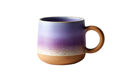 Serene Ceramic Mug: A soothing gradient mug blending lavender and purple, complemented by a rustic earthen base and handle, against pure backdrop.