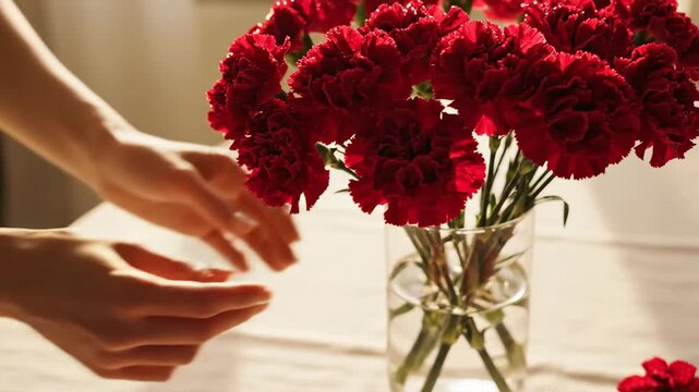 A woman's hands arranging a bouquet of red carnations in a glass vase. Florist creating a floral composition on a table. Home decoration and lifestyle concept