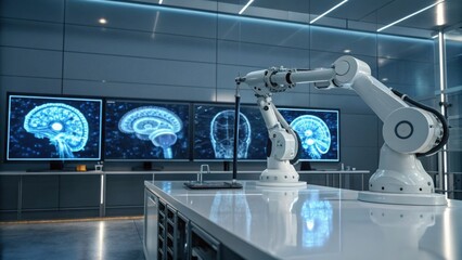 A modern lab featuring robotic arms and digital displays of brain imagery, highlighting advancements in technology and neuroscience.