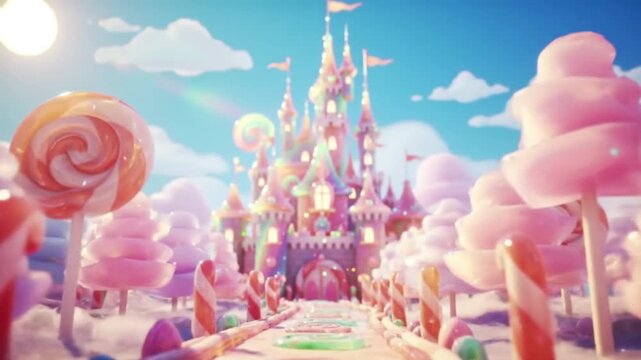Colorful candy-themed landscape featuring a whimsical castle, cotton candy trees, and a sunny sky