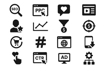 A set of icons representing various aspects of digital marketing, SEO, and online advertising. All icons are designed in black and white.