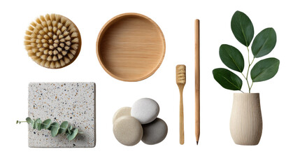 Elegant Zen Still Life: An artistic collection of natural elements like wooden bowl, a brush, a selection of stones, a wooden utensils and fresh leaf arrangements, exuding a sense of calm and balance.