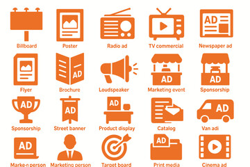 A set of icons representing various types of advertising and marketing tools. All icons are designed in a uniform style with orange color.