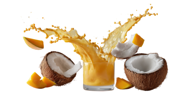 Tropical Refreshment: A dynamic shot capturing the essence of a refreshing tropical beverage, with vibrant mango and coconut.