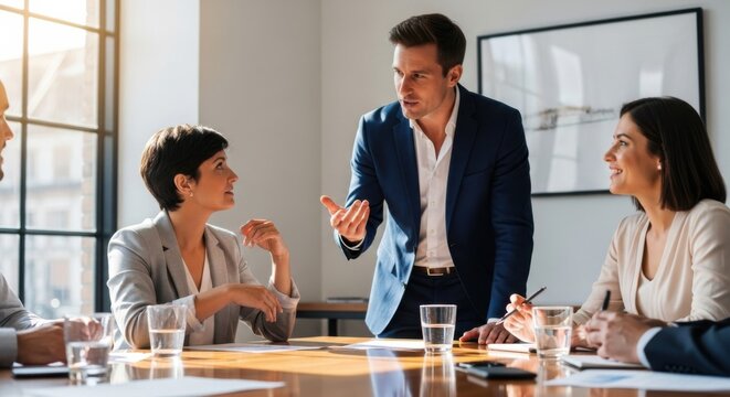 Confident manager talking to his team during a business meeting in the boardroom. Employees listening to a presentation. Corporate teamwork, strategy, and collaboration concept.