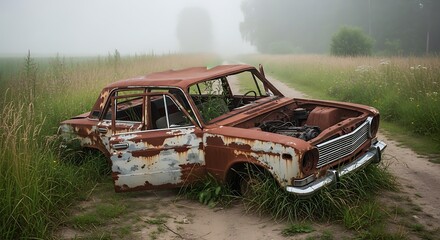 Abandoned rusty vintage car in overgrown field symbolizing decay and neglect