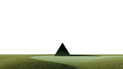 Geometric Pyramid and Landscape: A solitary, dark geometric pyramid stands in stark contrast against a grassy field under a bright sky, creating a minimalist and intriguing visual.