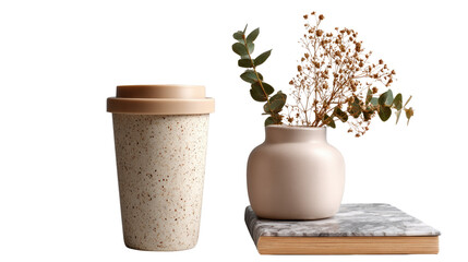Eco-Friendly Ceramic: A stylish, reusable coffee cup, and delicate ceramic vase adorned with dried botanicals, exuding a sense of sustainability and aesthetic harmony.