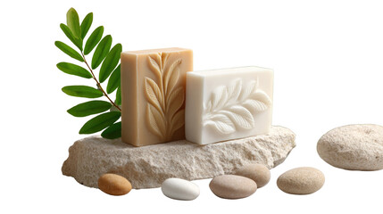 Soap Serenity: An inviting display of artisanal soaps, exquisitely carved with botanical designs, rests gracefully alongside smooth stones and lush green leaves.