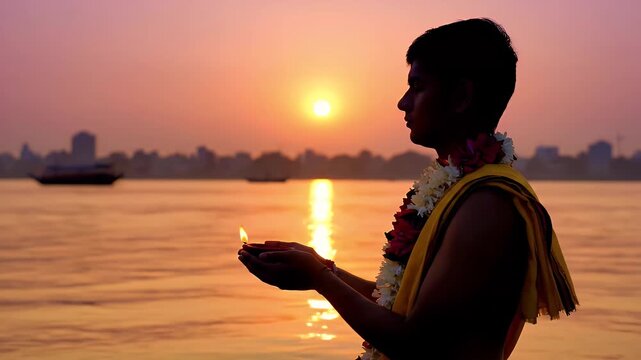 Young Man Holding Lit Diya in Hands at Ganges River Sunrise with Soft Golden Light and Silhouetted Cityscape in Background During Spiritual Ceremony