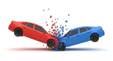 Two stylized cars collide in a simulated accident scene illustration