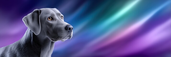 Majestic grey dog with striking golden eyes against a vibrant, colorful abstract background