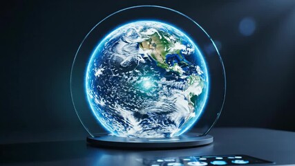 Vertical video of a futuristic hologram display with a rotating planet Earth. 3D animation of a global technology device. Future innovation and science concept - Powered by Adobe