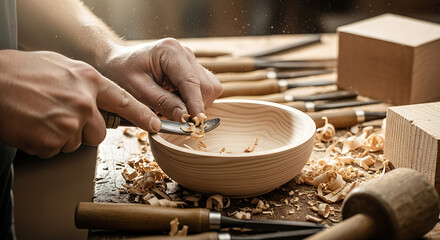 Skilled artisan meticulously carves a small wooden bowl with precision tools