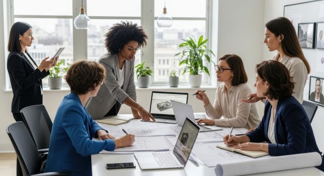 Diverse team of female architects collaborating on a project in a modern office. Group of businesswomen in a meeting brainstorming, working with blueprints and 3D models on a laptop.