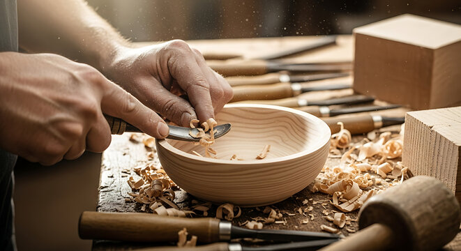 Skilled artisan meticulously carves a small wooden bowl with precision tools