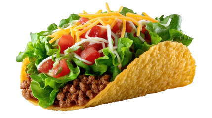 Savory Taco Temptation: A close-up shot of a mouthwatering taco, brimming with fresh, colorful ingredients. showcasing its delectable contents. 