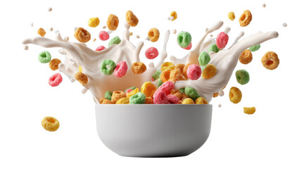 Breakfast Cereal Splash: A burst of vibrant cereal shapes erupts from a bowl of milk, creating a dynamic scene of morning delight and freshness. 