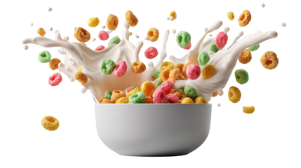 Breakfast Cereal Splash: A burst of vibrant cereal shapes erupts from a bowl of milk, creating a dynamic scene of morning delight and freshness. 