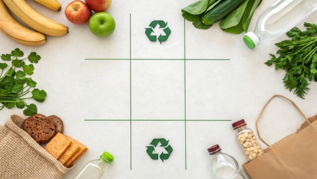 A clean, organized layout featuring fruits, vegetables, and recyclable items, emphasizing sustainable living and healthy eating. - Powered by Adobe