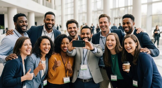 Diverse group of happy business colleagues taking selfie at a conference. Successful multi-ethnic team celebrating. Corporate event, teamwork, networking, collaboration, fun. - Powered by Adobe